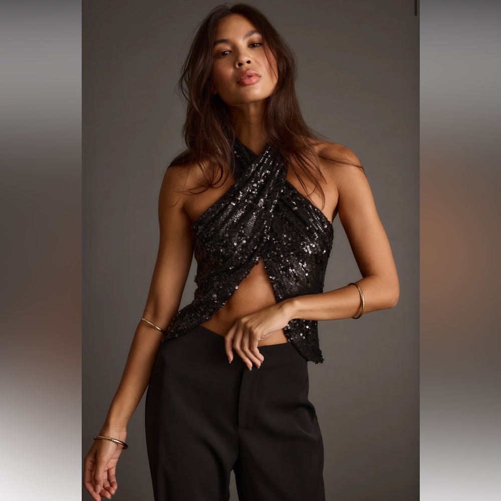 12th Tribe Black Sequin Halter Top